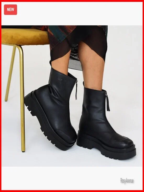 Platform Ankle Boots Women Chunky Combat Vegan Leather Front Zipper - Picture 3 of 7
